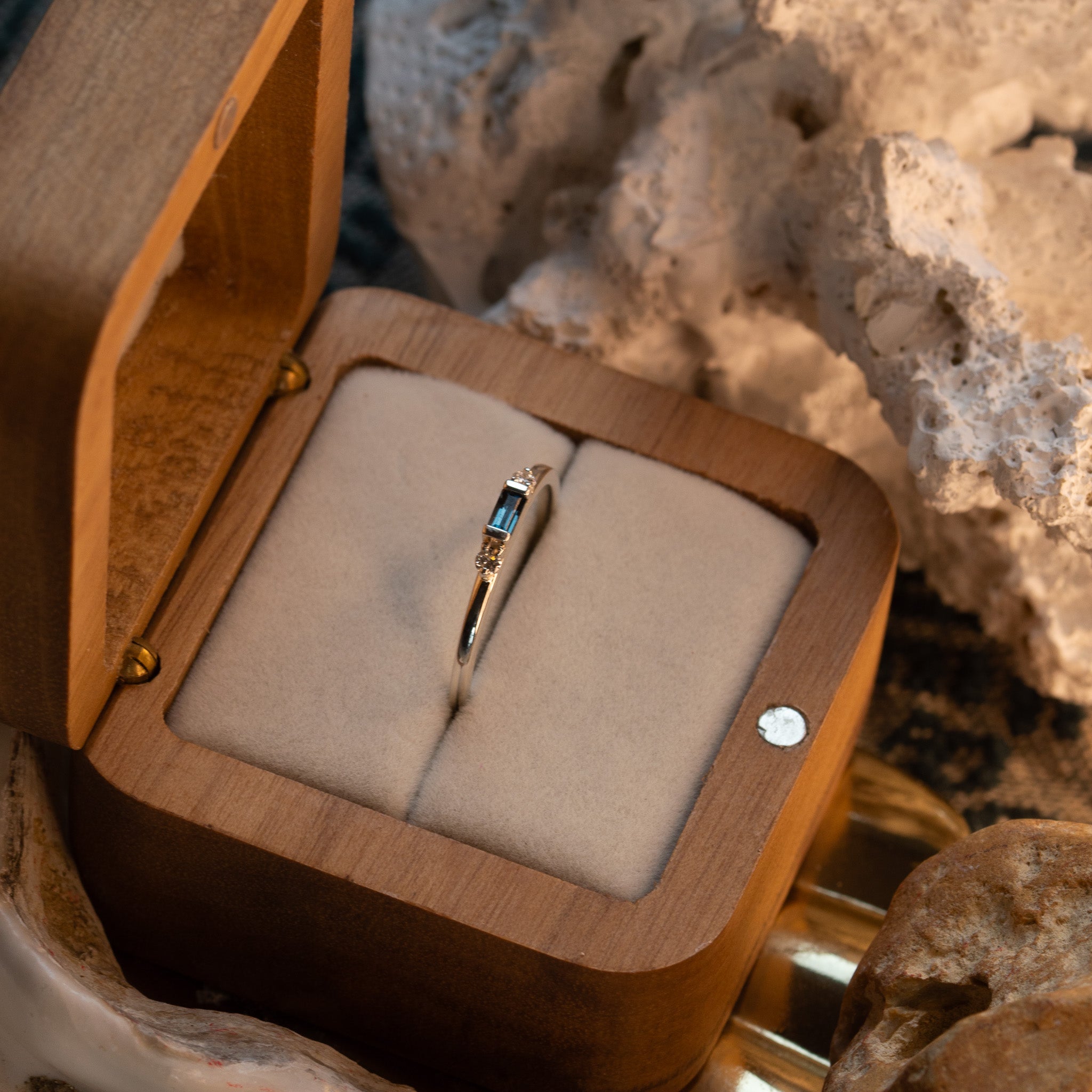 The White Gold Roxana Ring with London Blue Topaz - Dainty London
