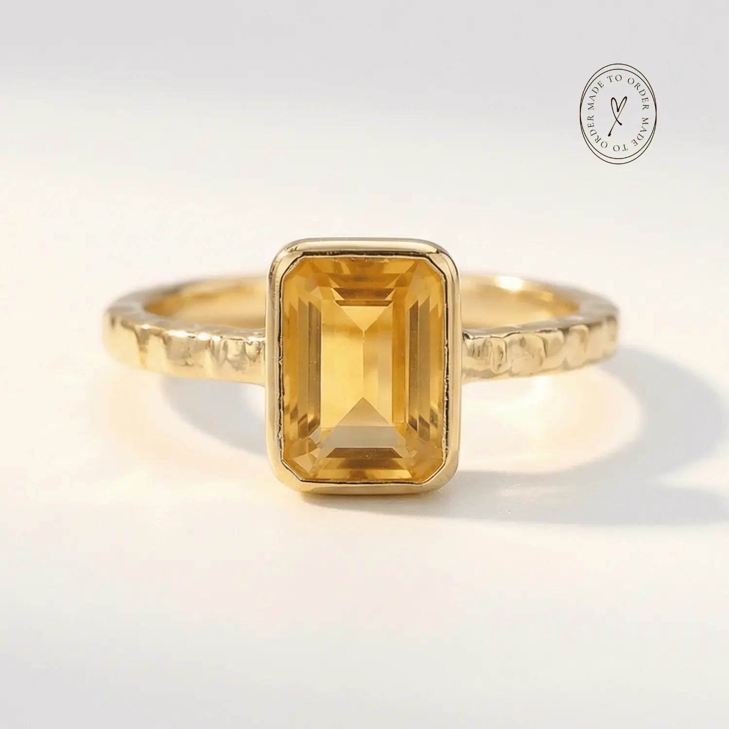 Tidewashed Citrine Ring - Octagonal Citrine & Hammered Band - Rings - gold Collection - Dainty London