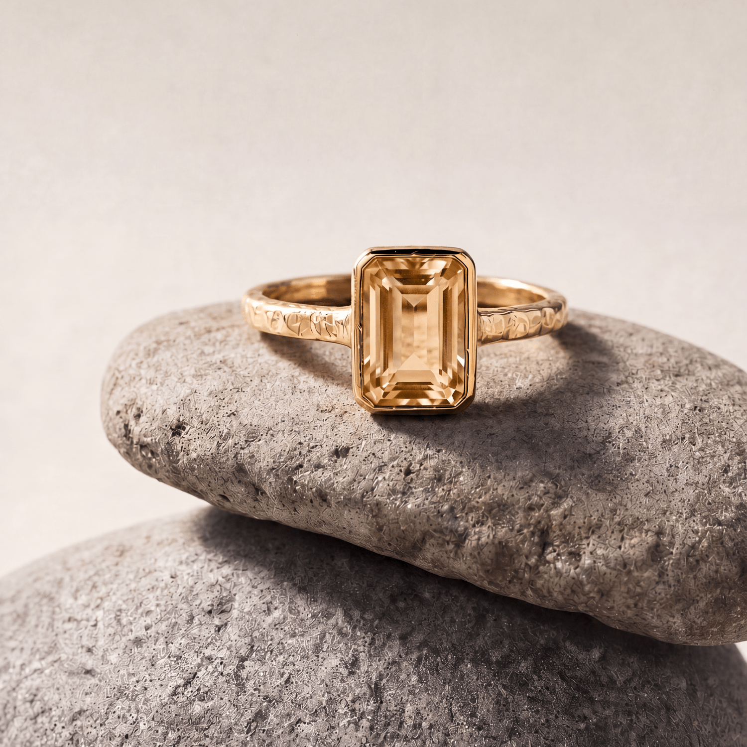 Tidewashed Citrine Ring - Octagonal Citrine & Hammered Band - Dainty London