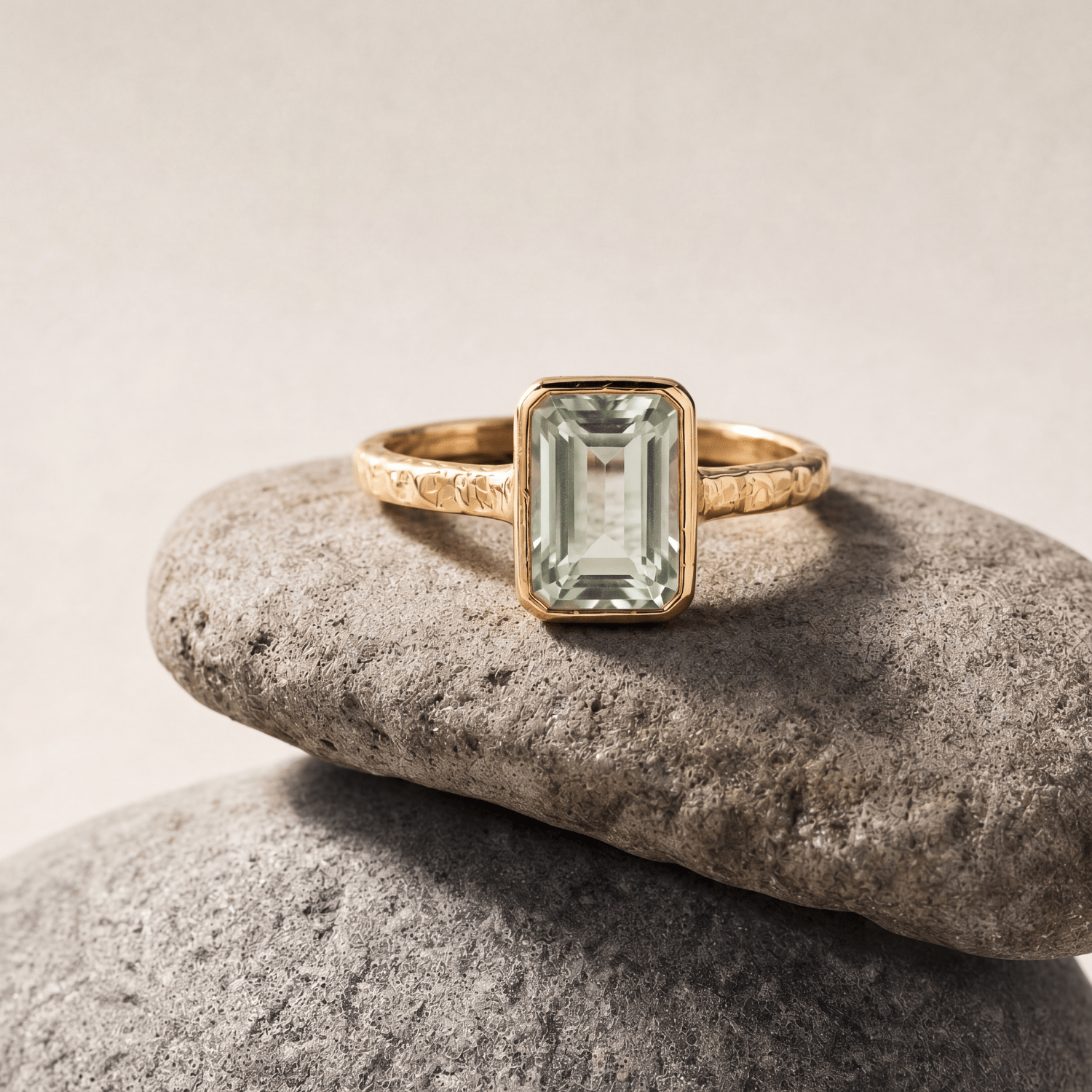 Tidewashed Green Quartz Ring - Octagonal Gemstone & Hammered Band - Dainty London