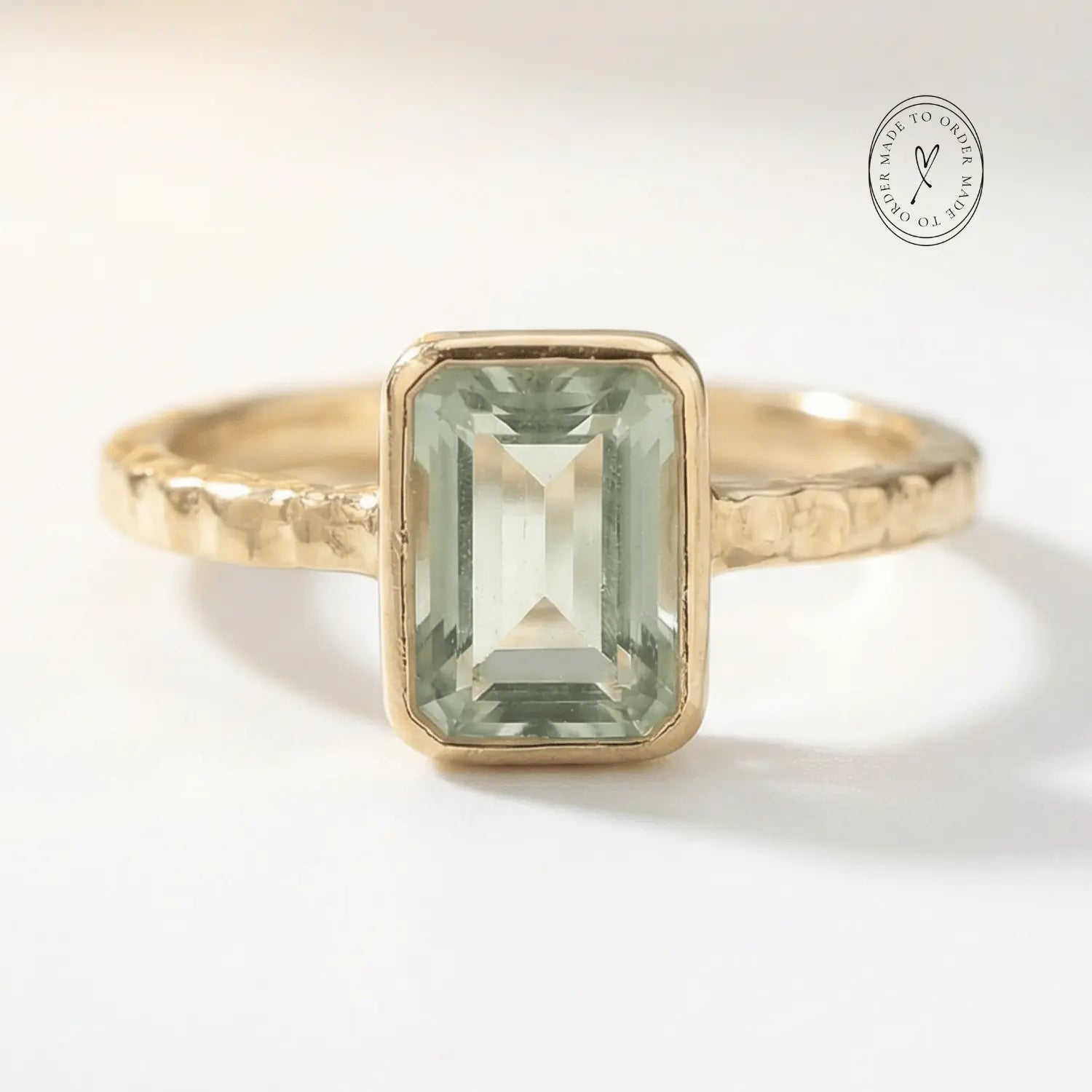 Tidewashed Green Quartz Ring - Octagonal Gemstone & Hammered Band - Rings - gold Collection - Dainty London