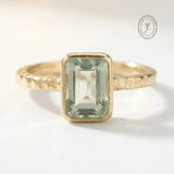 Tidewashed Green Quartz Ring - Octagonal Gemstone & Hammered Band - Rings - gold Collection - Dainty London
