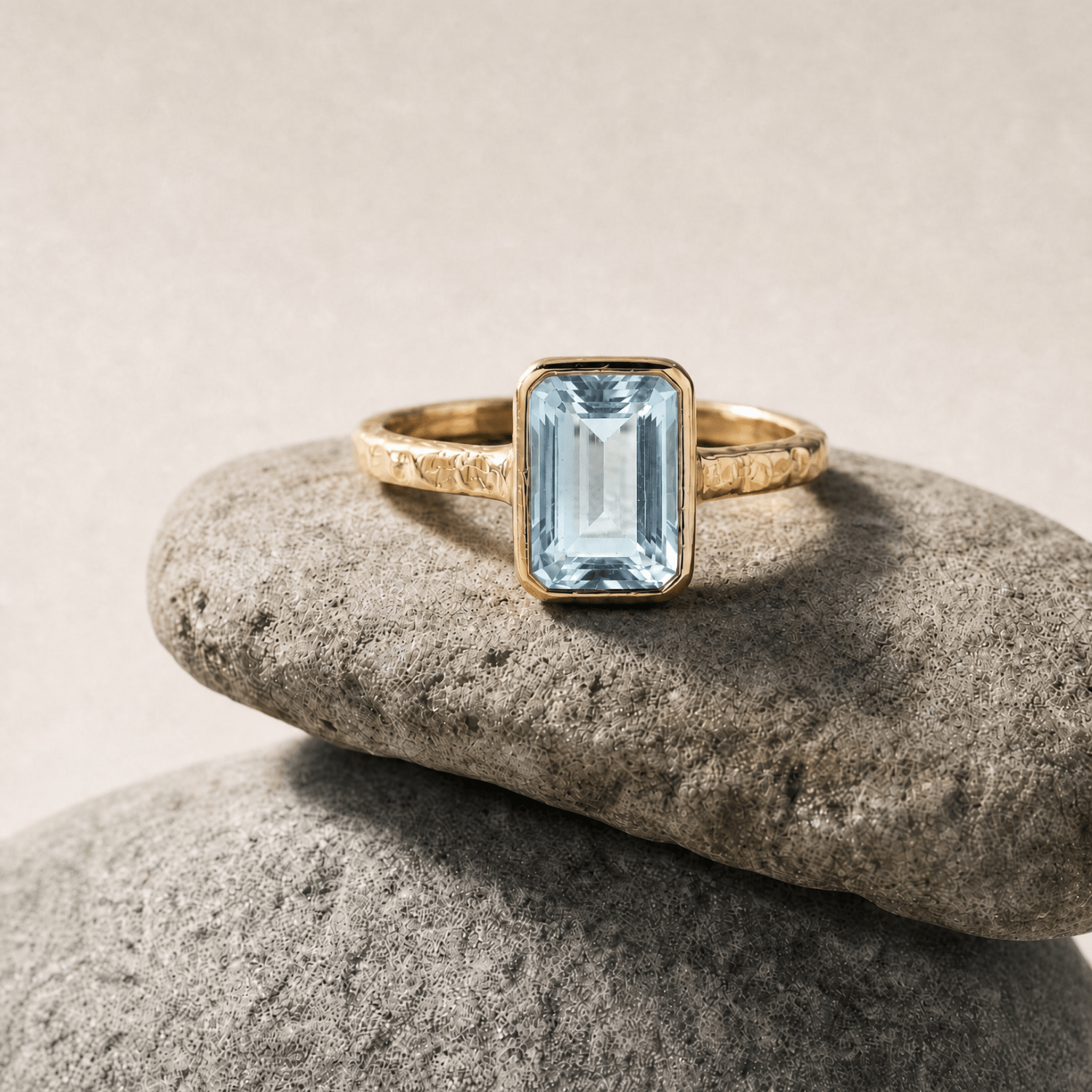 Tidewashed Sky Blue Topaz Ring – Octagonal Gemstone & Hammered Band - Dainty London