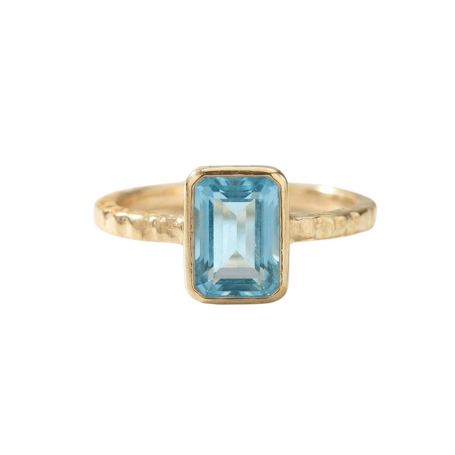 Tidewashed Sky Blue Topaz Ring – Octagonal Gemstone & Hammered Band - Dainty London