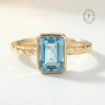 Tidewashed Sky Blue Topaz Ring – Octagonal Gemstone & Hammered Band - Rings - gold Collection - Dainty Londo