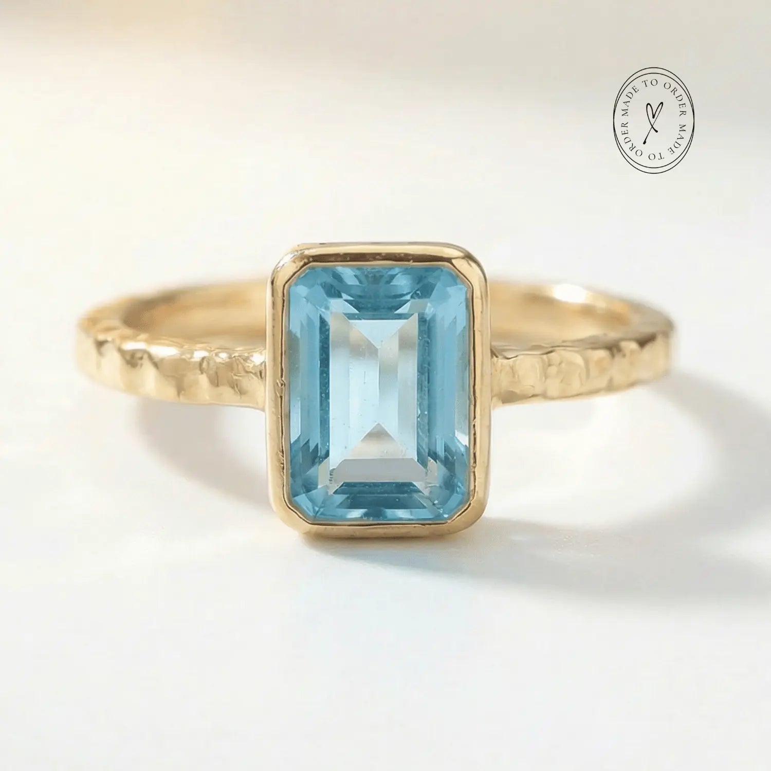 Tidewashed Sky Blue Topaz Ring – Octagonal Gemstone & Hammered Band - Rings - gold Collection - Dainty Londo