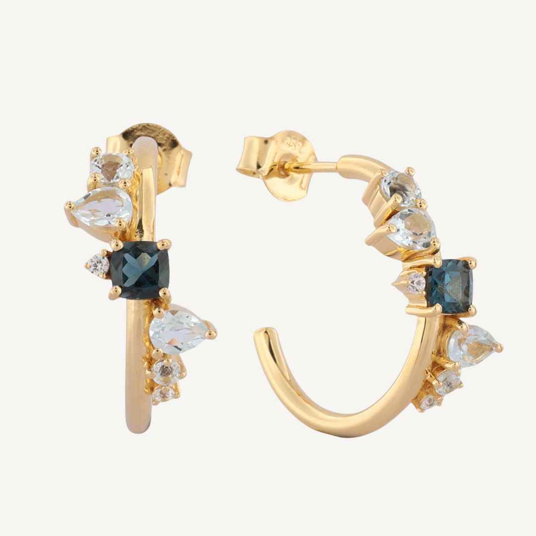 ethically sourced jewellery, topaz gemstone earrings, gold vermeil earrings, sterling silver jewellry, handmade gemstone earrings, gift for her, layered gradient earrings, elegant boho jewelry, sustainable jewellery gift, dawn to night earrings, unique gift for women, statement gemstone hoops, ethical luxury jewelry