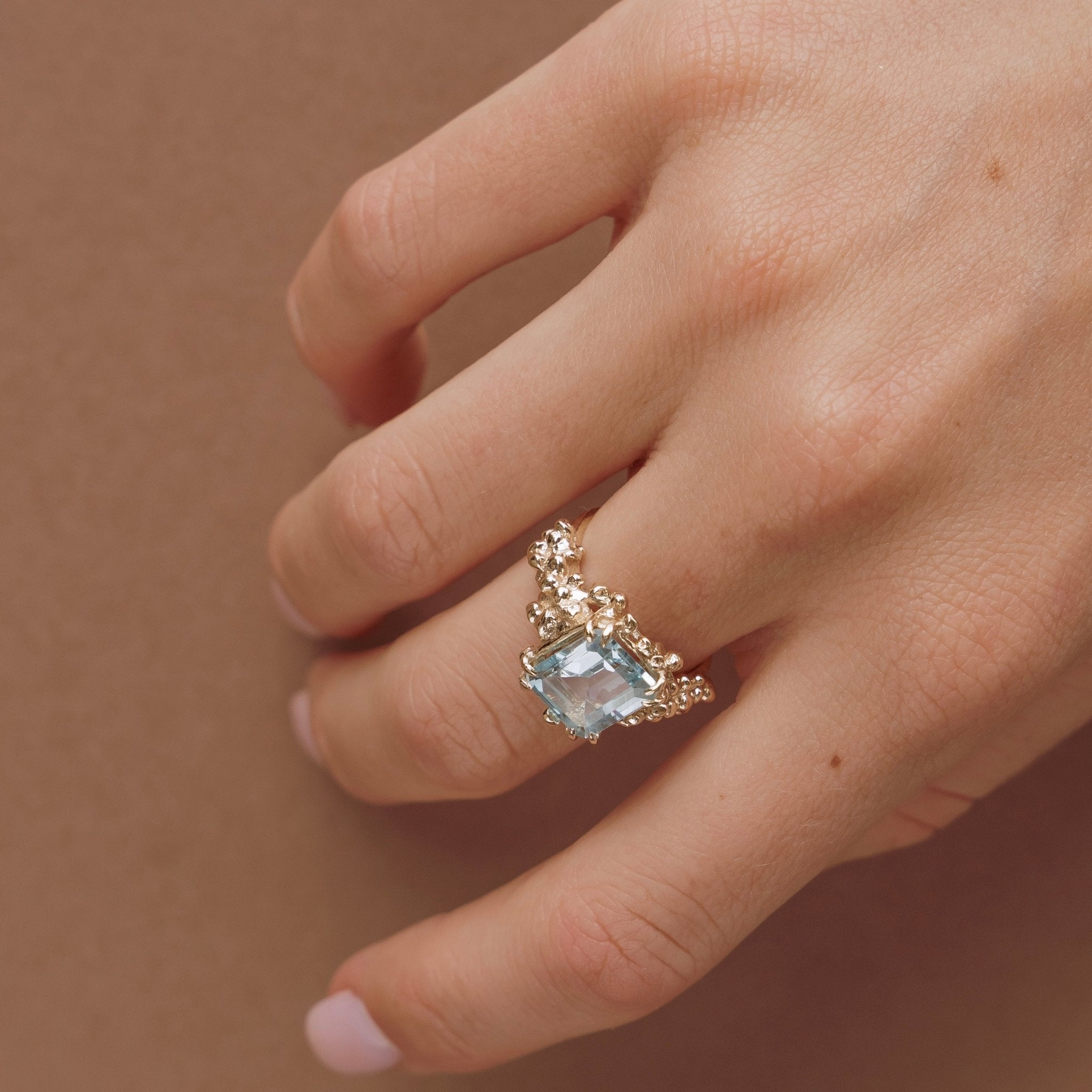 The Seraphina Ring - Aquamarine - Modern and Vintage Style - Ethical Luxury Rings - Dainty London solid gold ring, ocean blue beryl, nature inspired jewelry, handcrafted gold ring, ethical gemstone jewelry, bespoke UK ring, luxury engagement ring, anniversary gift, natural gemstone ring, handmade London jewelry, unique stackable ring, sustainable jewelry, gift for her