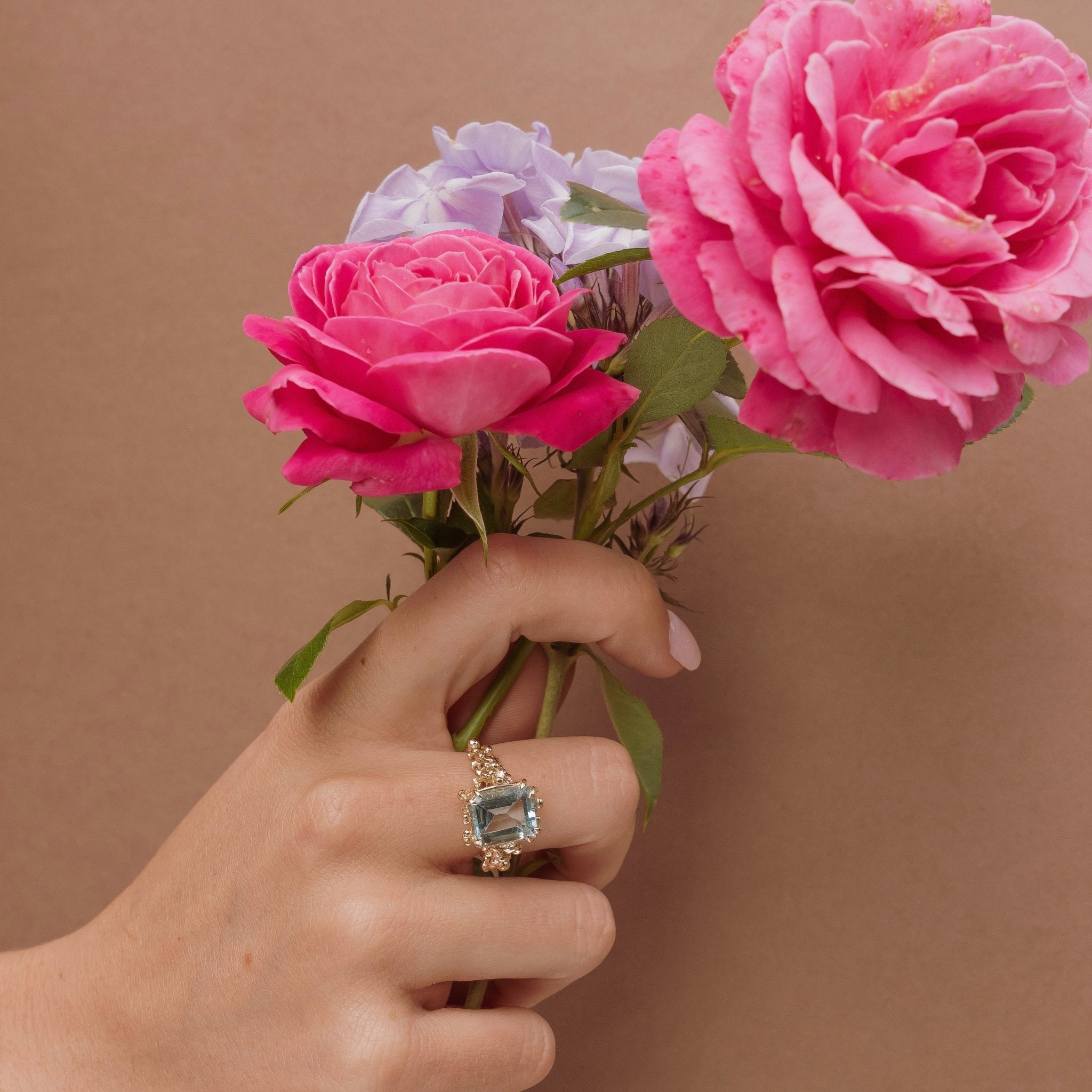 The Seraphina Ring - Aquamarine - Modern and Vintage Style - Ethical Luxury Rings - Dainty London solid gold ring, ocean blue beryl, nature inspired jewelry, handcrafted gold ring, ethical gemstone jewelry, bespoke UK ring, luxury engagement ring, anniversary gift, natural gemstone ring, handmade London jewelry, unique stackable ring, sustainable jewelry, gift for her